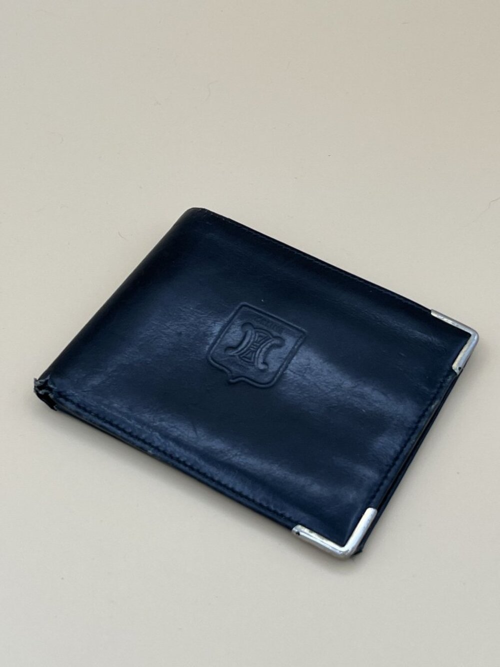Celine Paris Black Leather Bifold Wallet With Metal Corners Worn Condition